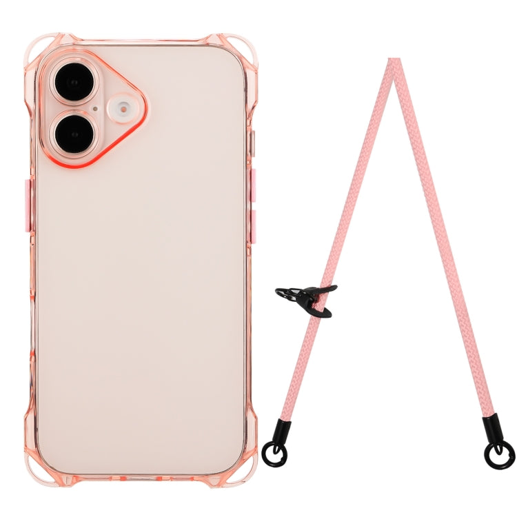 For iPhone 16 Four-corner Shockproof TPU Phone Case with Lanyard(Pink) - iPhone 16 Cases by buy2fix | Online Shopping UK | buy2fix