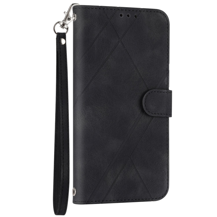 For iPhone 16 Embossed Line Leather Phone Case with Lanyard(Black) - iPhone 16 Cases by buy2fix | Online Shopping UK | buy2fix