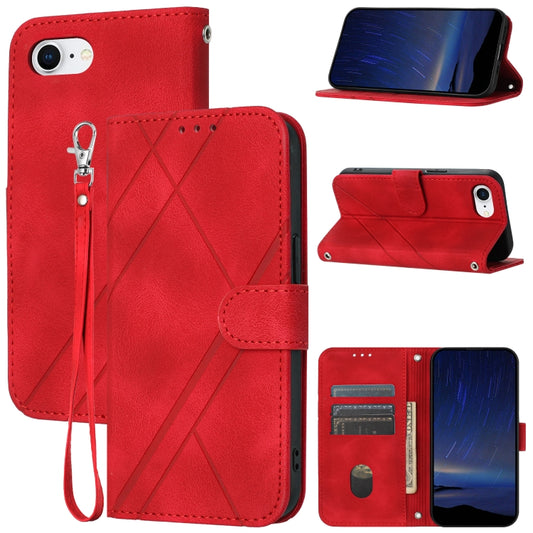 For iPhone SE 2024 Embossed Line Leather Phone Case with Lanyard(Red) - More iPhone Cases by buy2fix | Online Shopping UK | buy2fix