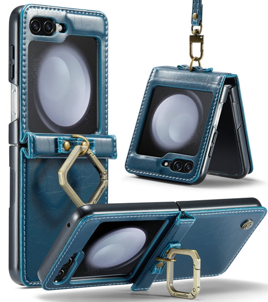 For Samsung Galaxy Z Flip5 CaseMe 003 PU + PC Business Style Crazy Horse Texture Ring Leather Phone Case with Lanyard(Blue Green) - Galaxy Z Flip5 Cases by CaseMe | Online Shopping UK | buy2fix