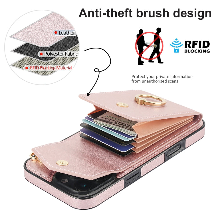 For iPhone 16 Pro Max Ring Holder RFID Card Slot Phone Case(Rose Gold) - iPhone 16 Pro Max Cases by buy2fix | Online Shopping UK | buy2fix