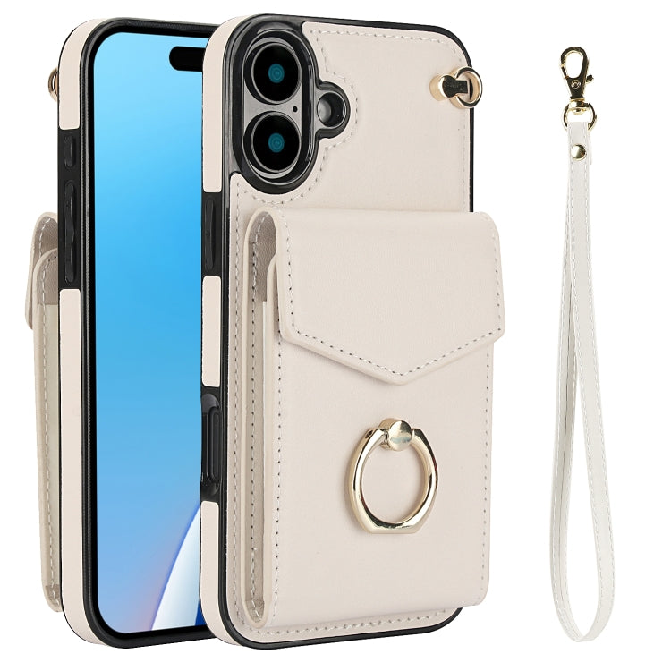 For iPhone 16 Ring Holder RFID Card Slot Phone Case(Beige) - iPhone 16 Cases by buy2fix | Online Shopping UK | buy2fix