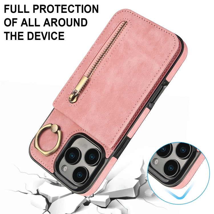 For iPhone 16 Pro Max Retro Ring and Zipper RFID Card Slot Phone Case(Pink) - iPhone 16 Pro Max Cases by buy2fix | Online Shopping UK | buy2fix