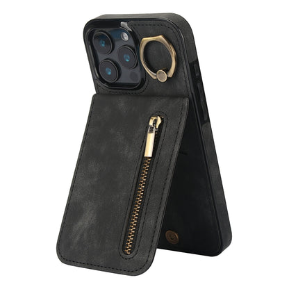 For iPhone 16 Pro Max Retro Ring and Zipper RFID Card Slot Phone Case(Black) - iPhone 16 Pro Max Cases by buy2fix | Online Shopping UK | buy2fix