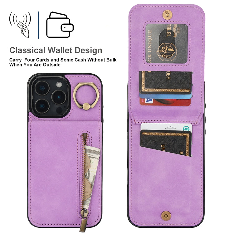 For iPhone 16 Pro Max Retro Ring and Zipper RFID Card Slot Phone Case(Purple) - iPhone 16 Pro Max Cases by buy2fix | Online Shopping UK | buy2fix