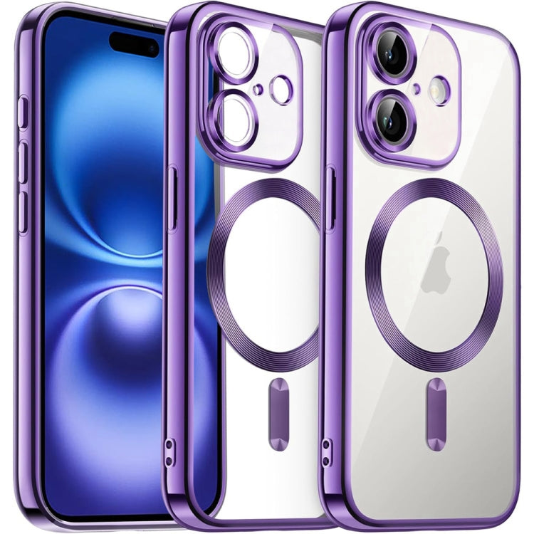 For iPhone 16 Transparent Electroplated Magsafe Magnetic TPU Phone Case(Purple) - iPhone 16 Cases by buy2fix | Online Shopping UK | buy2fix