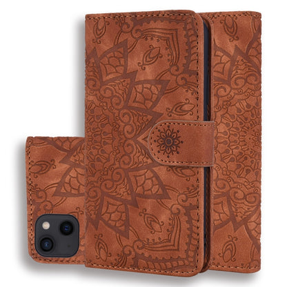 For iPhone 16 Pro Mandala Embossed Dual-Fold Calf Leather Phone Case(Brown) - iPhone 16 Pro Cases by buy2fix | Online Shopping UK | buy2fix