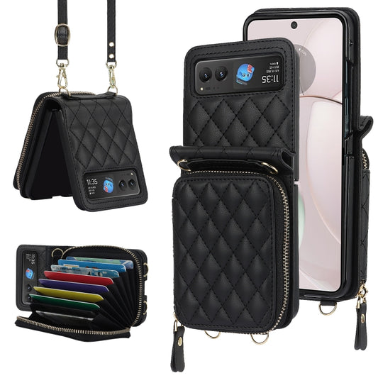 For Motorola Razr 40 Rhombic Texture Card Bag Phone Case with Dual Lanyard(Black) - Motorola Cases by buy2fix | Online Shopping UK | buy2fix