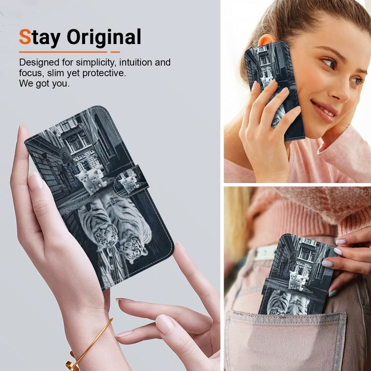 For iPhone 16 Pro Max Crystal Texture Colored Drawing Leather Phone Case(Cat Tiger Reflection) - iPhone 16 Pro Max Cases by buy2fix | Online Shopping UK | buy2fix