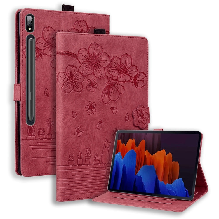 For Samsung Galaxy Tab S9 Ultra /S8 Ultra Cartoon Sakura Cat Embossed Leather Tablet Case(Red) - Galaxy Tab S9 Ultra Cases by buy2fix | Online Shopping UK | buy2fix