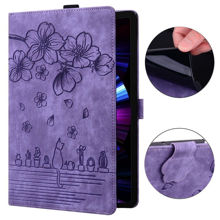 For Samsung Galaxy Tab S9 FE+ Cartoon Sakura Cat Embossed Leather Tablet Case(Purple) - Galaxy Tab S9 FE+ by buy2fix | Online Shopping UK | buy2fix