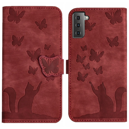 For Samsung Galaxy S22+ 5G Butterfly Cat Embossing Flip Leather Phone Case(Red) - Galaxy S22+ 5G Cases by buy2fix | Online Shopping UK | buy2fix