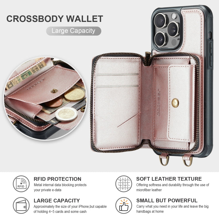 For iPhone 15 Pro Max JEEHOOD C22 Series Zipper Wallet Leather Phone Case with Dual Lanyard(Rose Gold) - iPhone 15 Pro Max Cases by JEEHOOD | Online Shopping UK | buy2fix