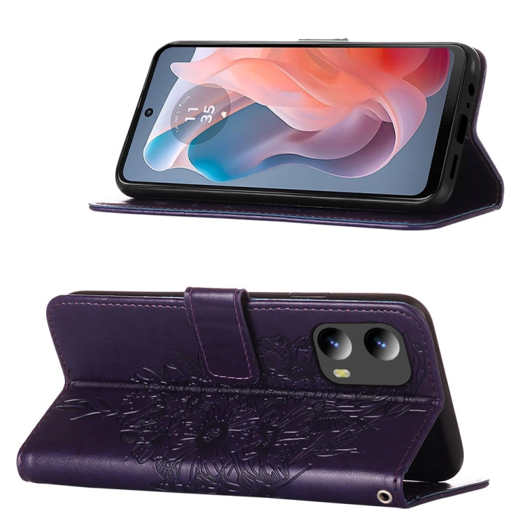 For Motorola Moto G Play 5G 2024 Embossed Butterfly Leather Phone Case(Dark Purple) - Motorola Cases by buy2fix | Online Shopping UK | buy2fix