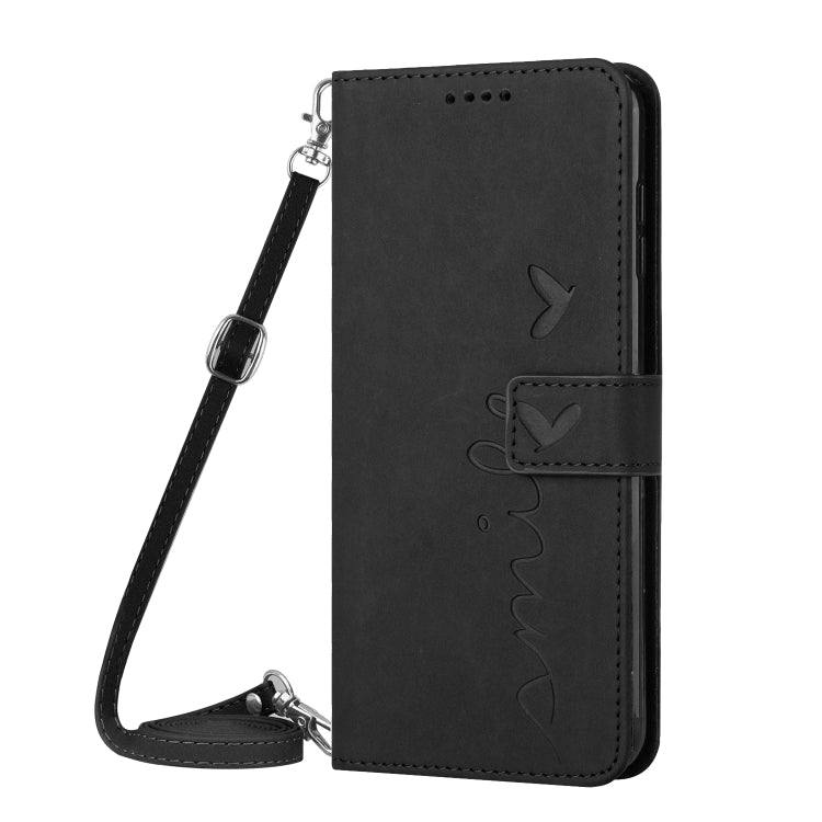For OPPO Reno11 F Skin Feel Heart Embossed Leather Phone Case with Long Lanyard(Black) - Reno11 F Cases by buy2fix | Online Shopping UK | buy2fix