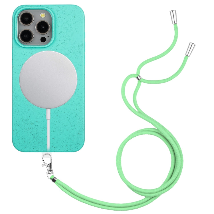For iPhone 15 Pro Max Wheat MagSafe Magnetic Straw Material + TPU Phone Case with Lanyard(Green) - iPhone 15 Pro Max Cases by buy2fix | Online Shopping UK | buy2fix