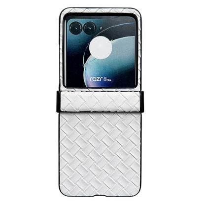 For Motorola Razr 40 Ultra Three-piece Set Woven Texture Folding PU Phone Case(White) - Motorola Cases by buy2fix | Online Shopping UK | buy2fix