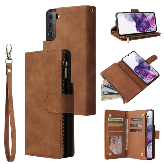 For Samsung Galaxy S21+ 5G Multifunctional Frosted Zipper Wallet Leather Phone Case(Brown) - Galaxy S21+ 5G Cases by buy2fix | Online Shopping UK | buy2fix