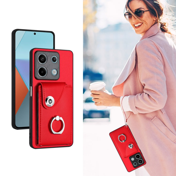 For Xiaomi Redmi Note 13 5G Global Organ Card Bag Ring Holder PU Phone Case with Lanyard(Red) - Note 13 Cases by buy2fix | Online Shopping UK | buy2fix