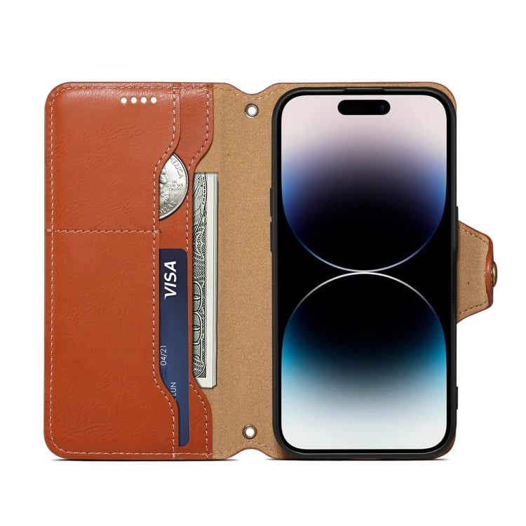 For iPhone 16 Denior Cowhide Texture Wallet Style Leather Phone Case(Brown) - iPhone 16 Cases by Denior | Online Shopping UK | buy2fix