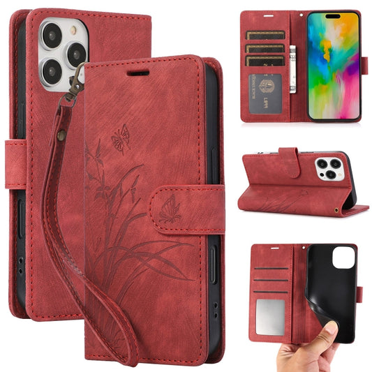 For iPhone 16 Pro Orchid Butterfly Embossed Leather Phone Case(Red) - iPhone 16 Pro Cases by buy2fix | Online Shopping UK | buy2fix