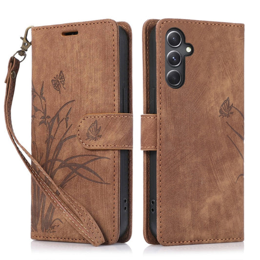 For Samsung Galaxy S24+ / S25+ 5G Orchid Butterfly Embossed Leather Phone Case(Brown) - Galaxy S24+ 5G Cases by buy2fix | Online Shopping UK | buy2fix