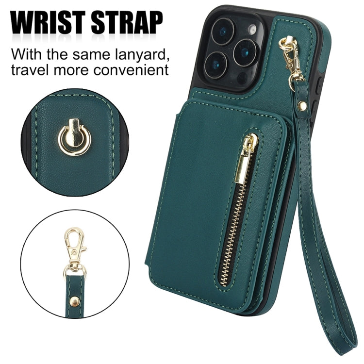 For iPhone 16 Pro YM006 Skin Feel Zipper Card Bag Phone Case with Dual Lanyard(Green) - iPhone 16 Pro Cases by buy2fix | Online Shopping UK | buy2fix