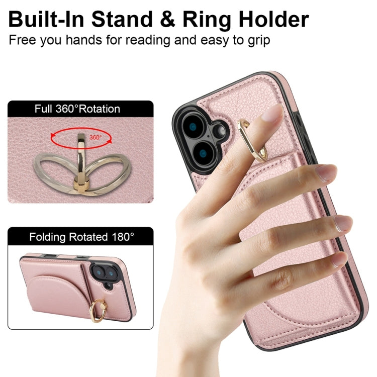 For iPhone 16 YM007 Ring Holder Card Bag Skin Feel Phone Case(Rose Gold) - iPhone 16 Cases by buy2fix | Online Shopping UK | buy2fix