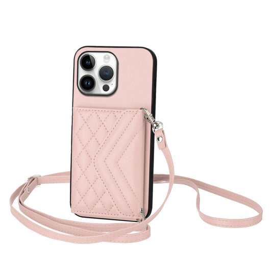 For iPhone 16 Pro Max Rhombic Texture Card Bag RFID Phone Case with Long Lanyard(Rose Gold) - iPhone 16 Pro Max Cases by buy2fix | Online Shopping UK | buy2fix