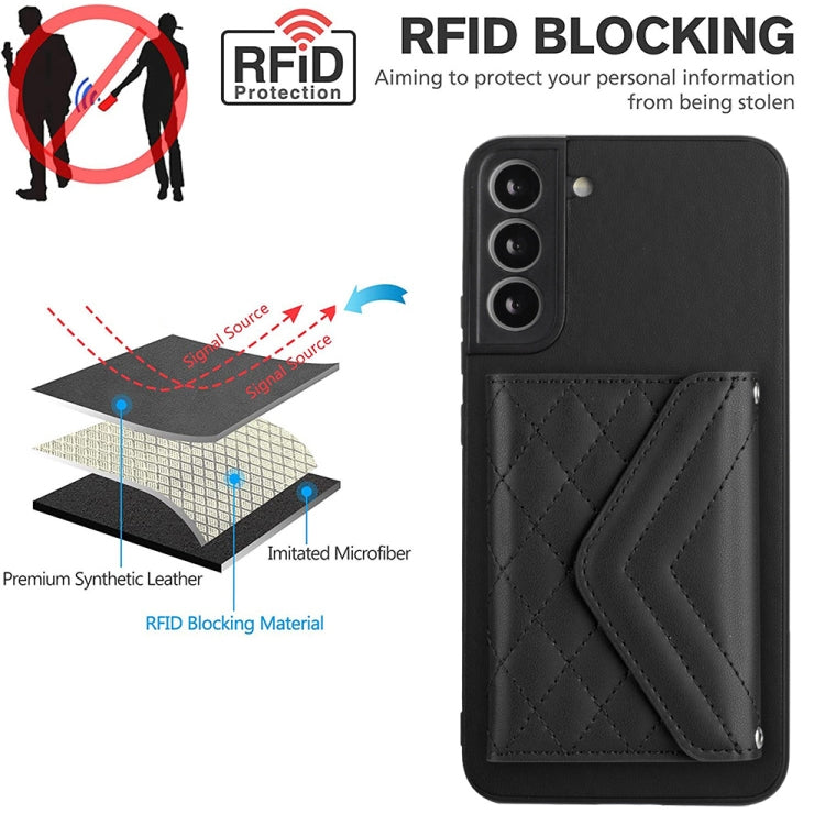 For Samsung Galaxy S22+ 5G Rhombic Texture Card Bag RFID Phone Case with Long Lanyard(Black) - Galaxy S22+ 5G Cases by buy2fix | Online Shopping UK | buy2fix
