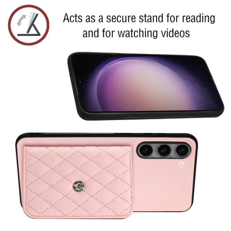 For Samsung Galaxy S23+ 5G Rhombic Texture Card Bag RFID Phone Case with Long Lanyard(Rose Gold) - Galaxy S23+ 5G Tempered Glass by buy2fix | Online Shopping UK | buy2fix