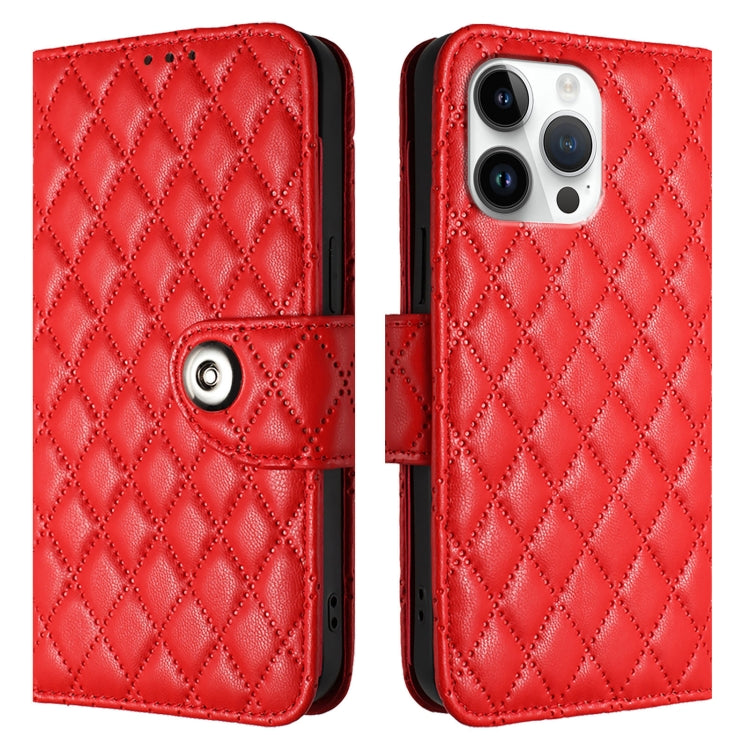 For iPhone 16 Pro Max Rhombic Texture Flip Leather Phone Case with Lanyard(Red) - iPhone 16 Pro Max Cases by buy2fix | Online Shopping UK | buy2fix