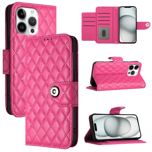 For iPhone 16 Pro Max Rhombic Texture Flip Leather Phone Case with Lanyard(Rose Red) - iPhone 16 Pro Max Cases by buy2fix | Online Shopping UK | buy2fix