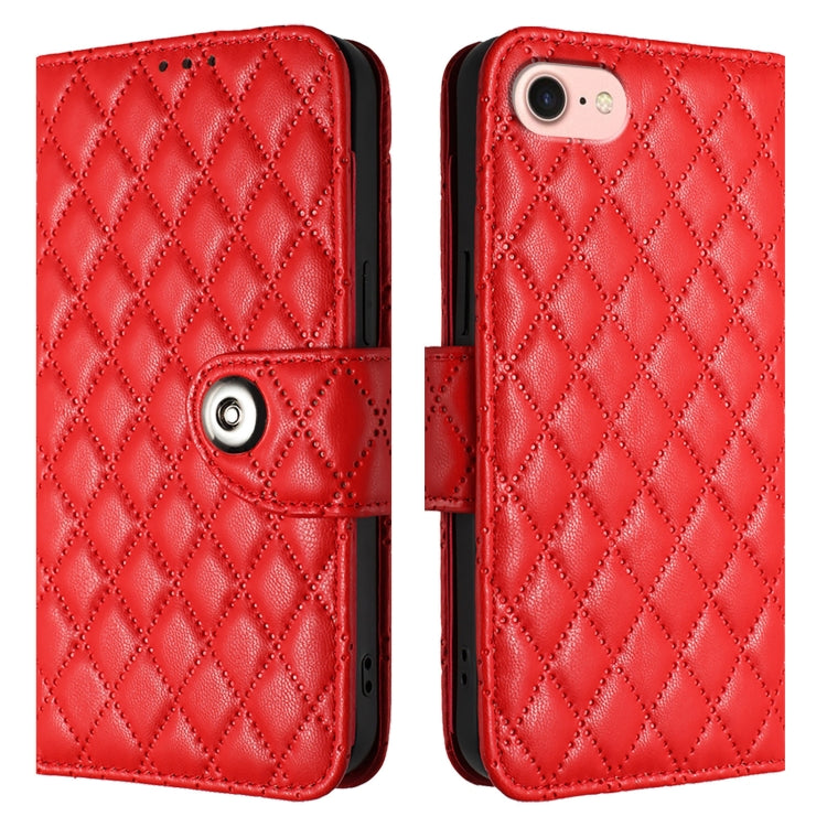 For iPhone SE 2024 Rhombic Texture Flip Leather Phone Case with Lanyard(Red) - More iPhone Cases by buy2fix | Online Shopping UK | buy2fix