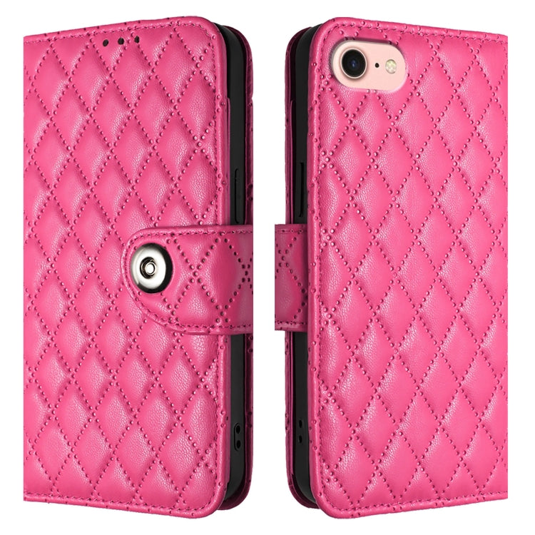 For iPhone SE 2024 Rhombic Texture Flip Leather Phone Case with Lanyard(Rose Red) - More iPhone Cases by buy2fix | Online Shopping UK | buy2fix