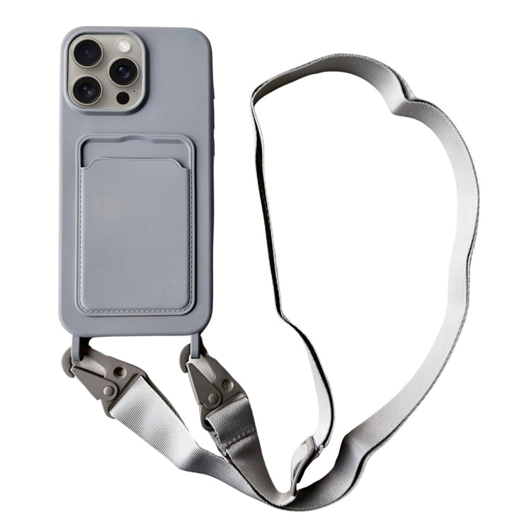 For iPhone 16 Pro Max Card Slot Liquid Silicone Phone Case with Lanyard(Grey) - iPhone 16 Pro Max Cases by buy2fix | Online Shopping UK | buy2fix