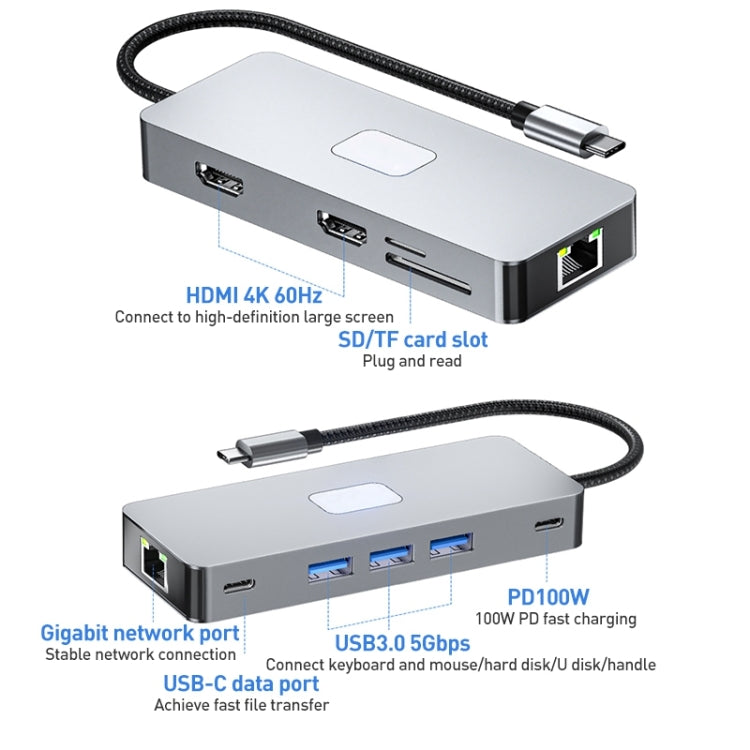 BYL-2315 10 in 1 Type-C to PD100W + USB3.0 + HDMI + RJ45 + SD/TF HUB Docking Station(Space Grey) - USB HUB by buy2fix | Online Shopping UK | buy2fix