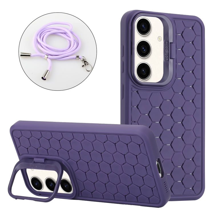 For Samsung Galaxy S23 FE 5G Honeycomb Radiating Lens Holder Magsafe Phone Case with Lanyard(Purple) - Galaxy S23 FE 5G Cases by buy2fix | Online Shopping UK | buy2fix