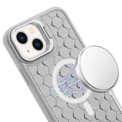 For iPhone 15 Plus Honeycomb Radiating Lens Holder Magsafe Phone Case with Lanyard(Grey) - iPhone 15 Plus Cases by buy2fix | Online Shopping UK | buy2fix