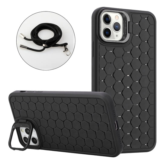 For iPhone 13 Pro Max Honeycomb Radiating Lens Holder Magsafe Phone Case with Lanyard(Black) - iPhone 13 Pro Max Cases by buy2fix | Online Shopping UK | buy2fix