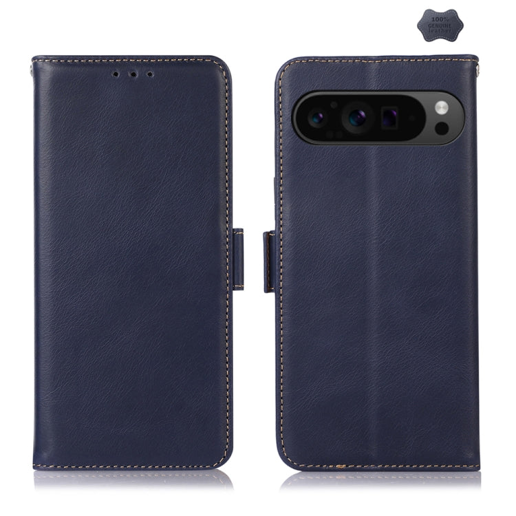 For Google Pixel 9 Pro Crazy Horse Top Layer Cowhide Leather Phone Case(Blue) - Google Cases by buy2fix | Online Shopping UK | buy2fix