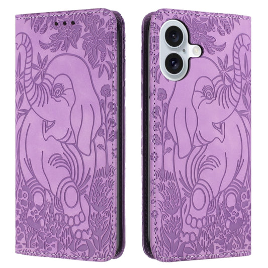 For iPhone 16 Retro Elephant Embossed Leather Phone Case(Purple) - iPhone 16 Cases by buy2fix | Online Shopping UK | buy2fix