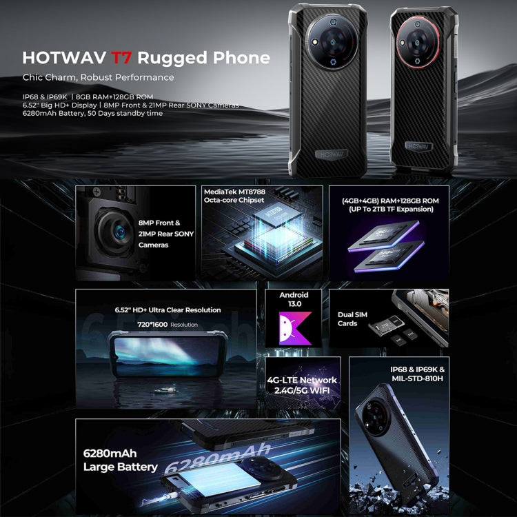 [HK Warehouse] HOTWAV T7 Rugged Phone, 4GB+128GB, 6280mAh, 6.52 inch Android 13 MT8788 Octa Core, Network: 4G, OTG(All Black) - Other by HOTWAV | Online Shopping UK | buy2fix