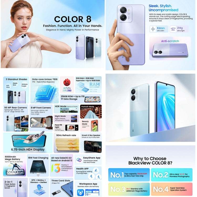 [HK Warehouse] Blackview COLOR 8, 8GB+128GB, Fingerprint & Face Identification, 6.75 inch Android 13 Unisoc T616 Octa Core up to 2.2GHz, Network: 4G, OTG(Wisteria Purple) - Blackview by Blackview | Online Shopping UK | buy2fix