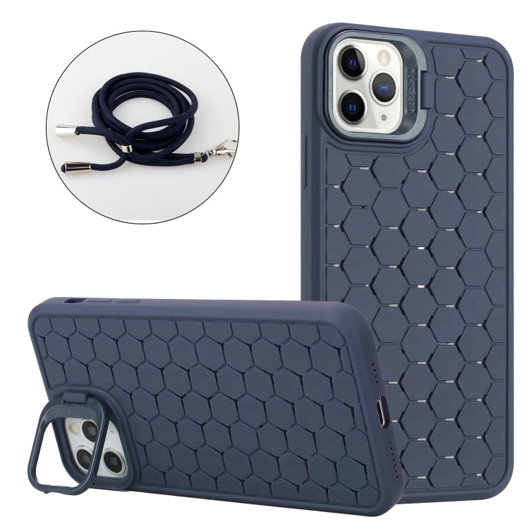 For iPhone 16 Pro Max Honeycomb Radiating Holder TPU Phone Case with Lanyard(Blue) - iPhone 16 Pro Max Cases by buy2fix | Online Shopping UK | buy2fix