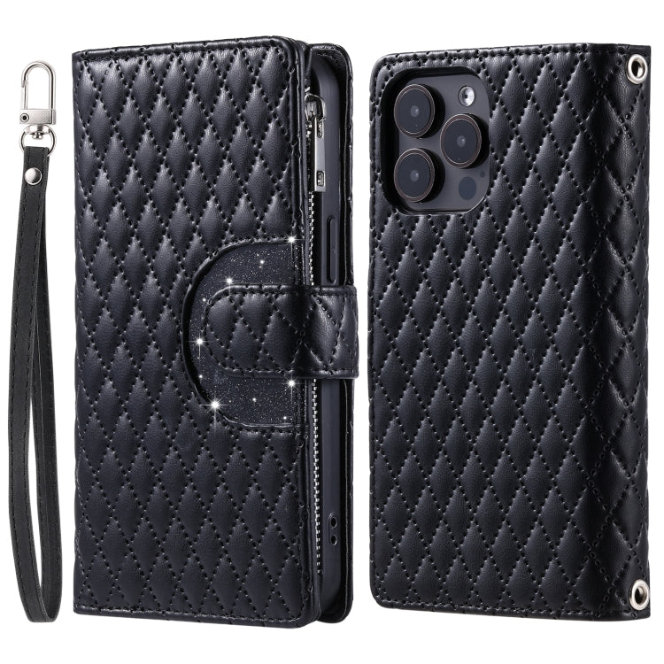 For iPhone 16 Pro Glitter Lattice Zipper Wallet Leather Phone Case(Black) - iPhone 16 Pro Cases by buy2fix | Online Shopping UK | buy2fix