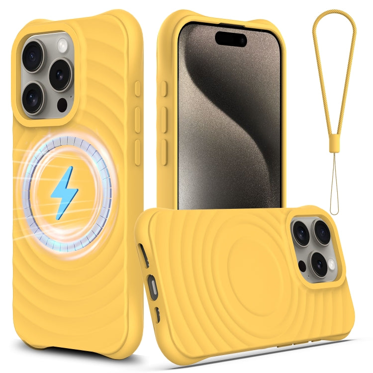 For iPhone 16 Pro Wave Texture MagSafe Magnetic Liquid Silicone Phone Case(Yellow) - iPhone 16 Pro Cases by buy2fix | Online Shopping UK | buy2fix