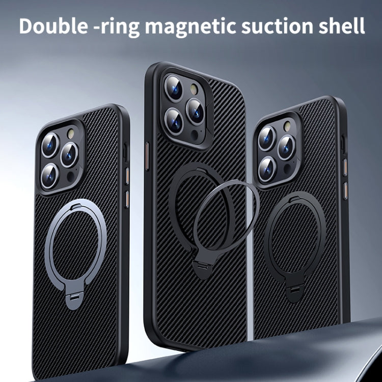 For iPhone 14 / 13 Double Ring MagSafe Holder Carbon Fiber Phone Case(Silver) - iPhone 14 Cases by buy2fix | Online Shopping UK | buy2fix