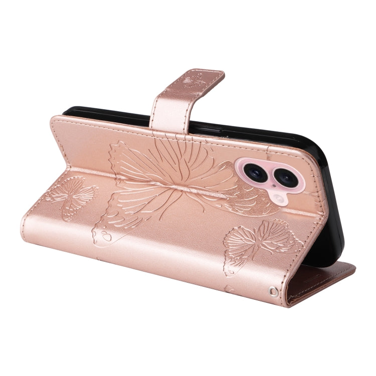 For iPhone 16 3D Butterfly Embossed Pattern Flip Leather Phone Case(Rose Gold) - iPhone 16 Cases by buy2fix | Online Shopping UK | buy2fix