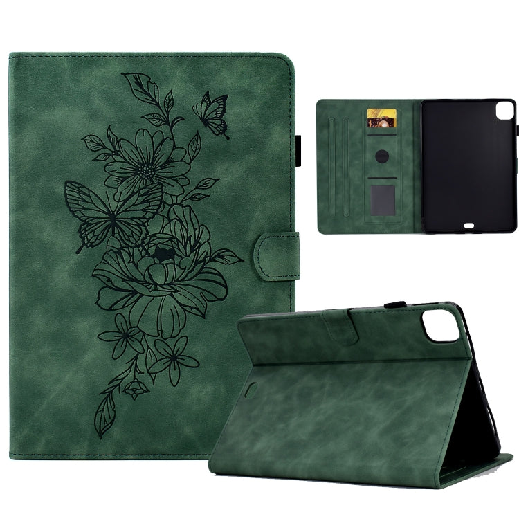 For iPad Pro 11 2024 Peony Butterfly Embossed Leather Smart Tablet Case(Green) - iPad Pro 11 2024 Cases by buy2fix | Online Shopping UK | buy2fix